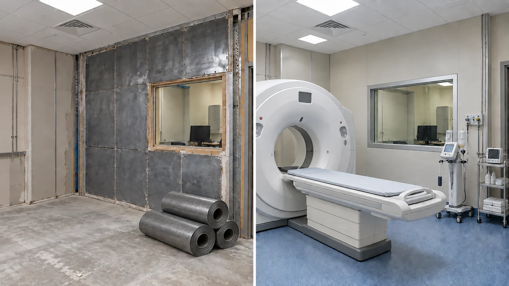 Salle d’imagerie avec vitrage de protection, avant et après installation